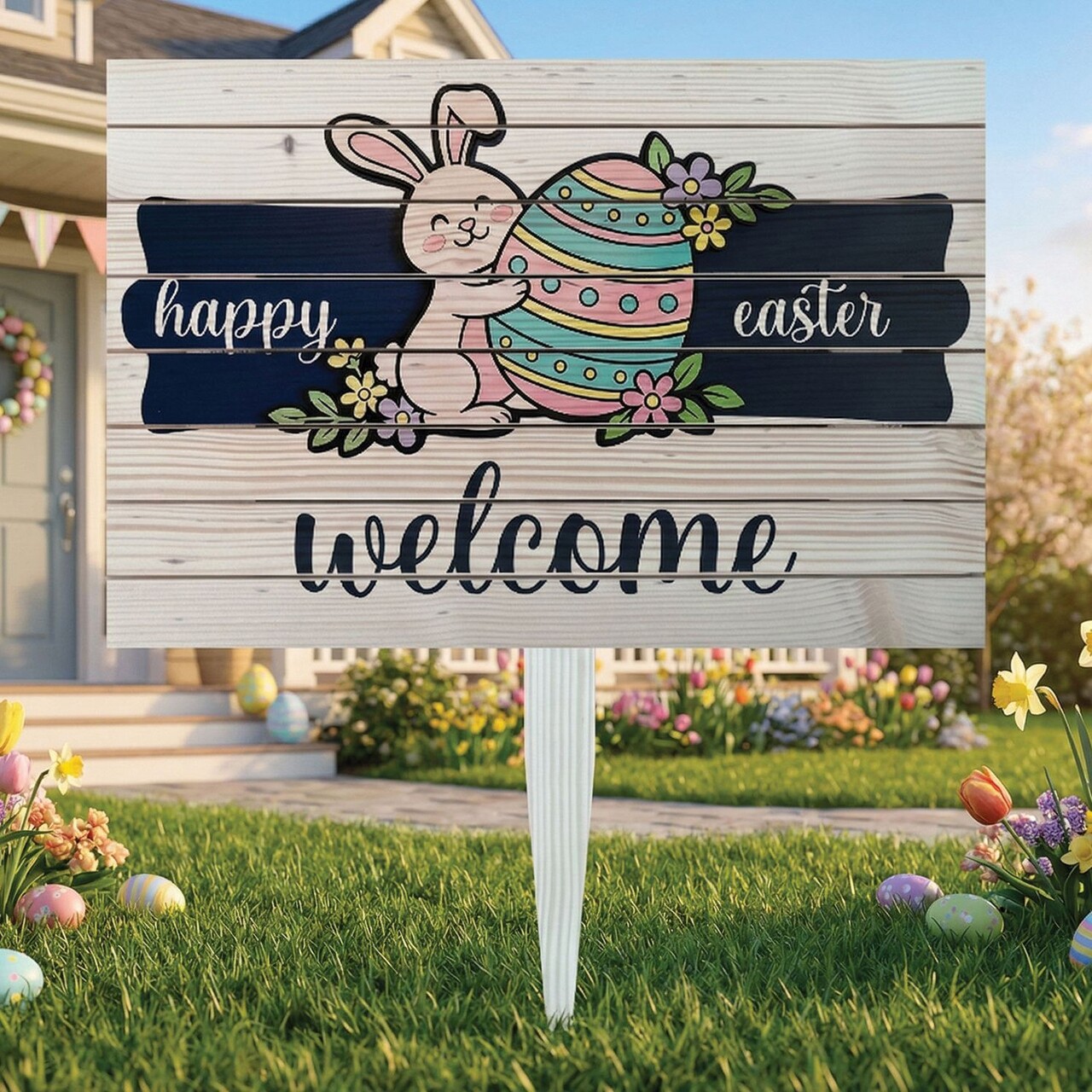 Semn de curte, Easter Welcome Bunny, 58x38 cm, Multicolor - imagine 5